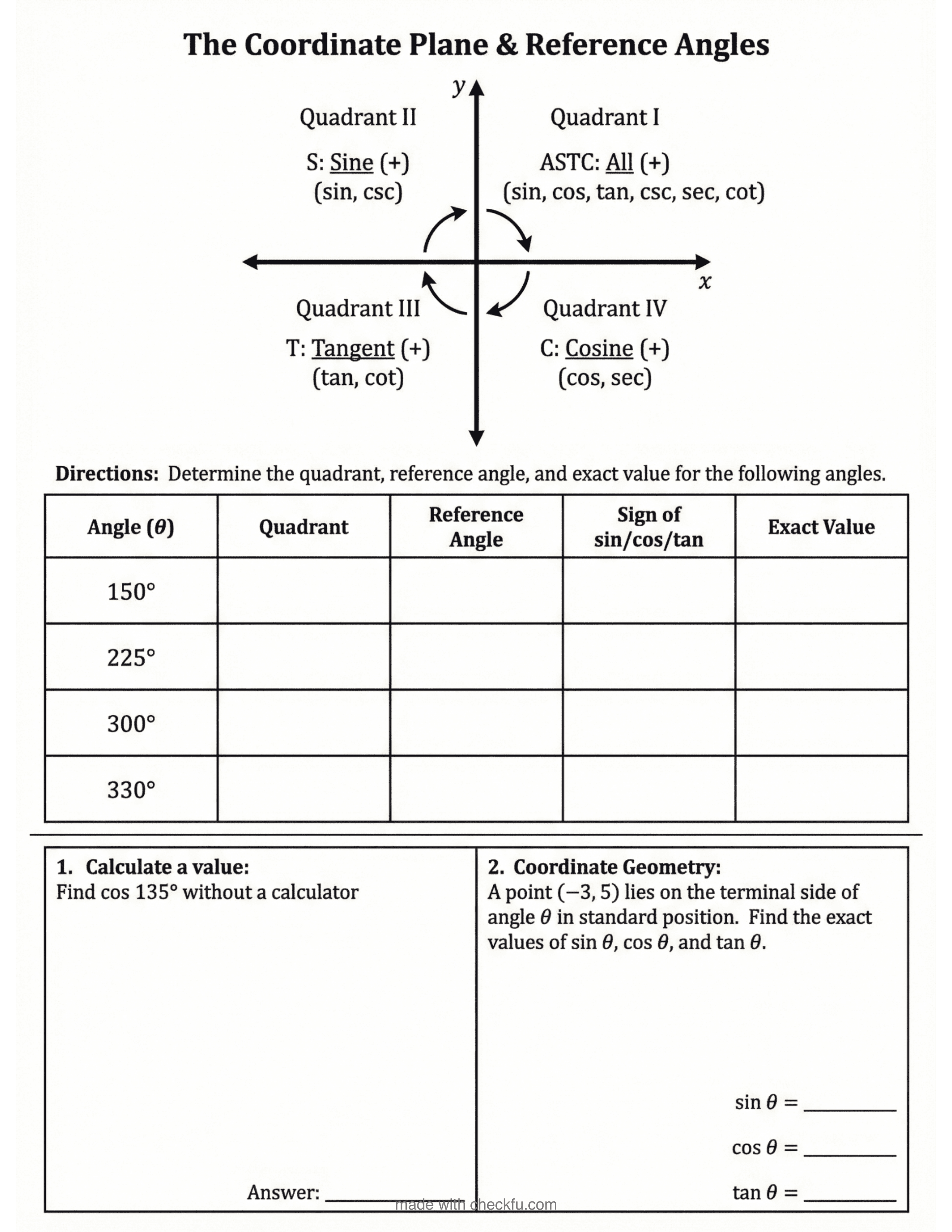 Coordinate plane and reference angles worksheet with quadrant analysis
