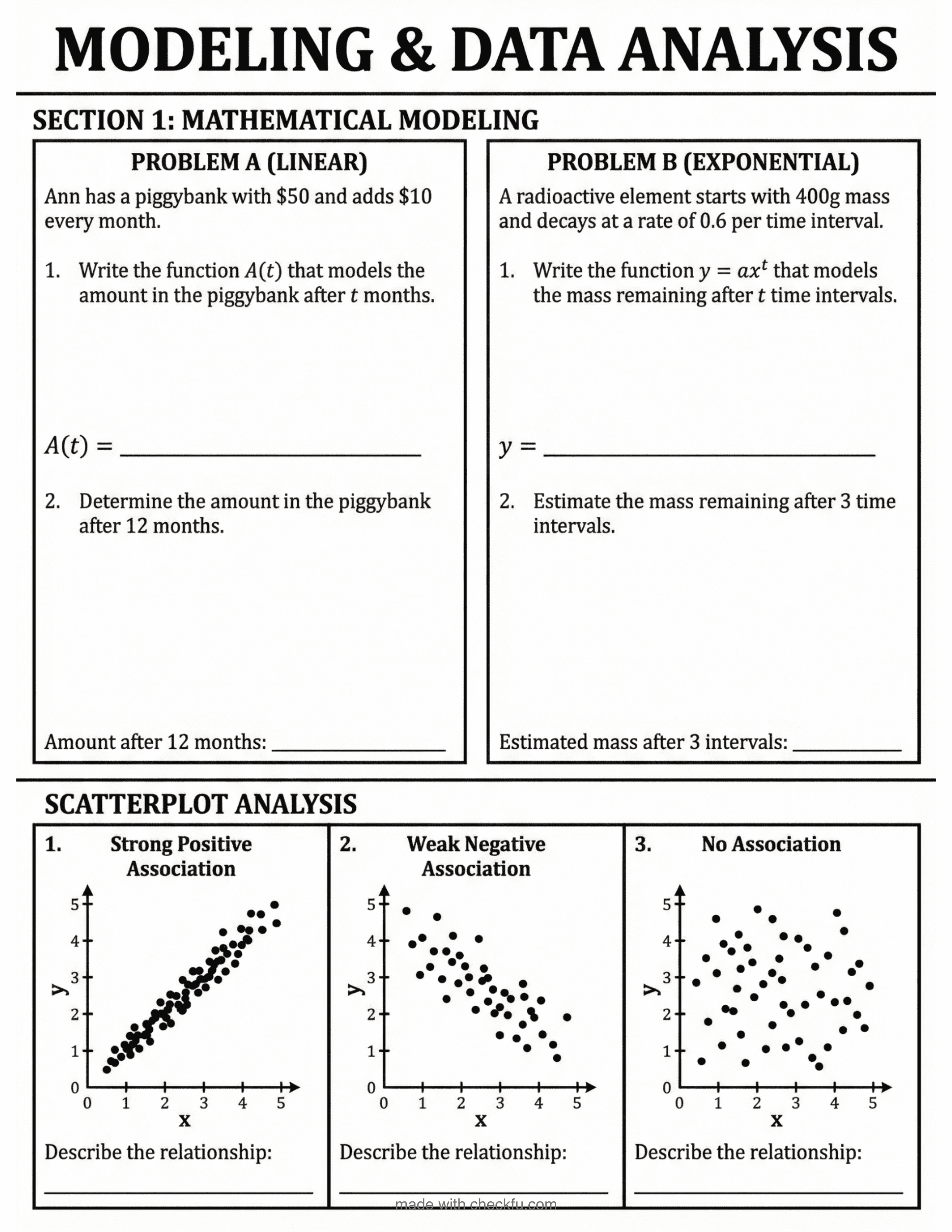Modeling and data analysis worksheet with linear and exponential problems and scatterplots